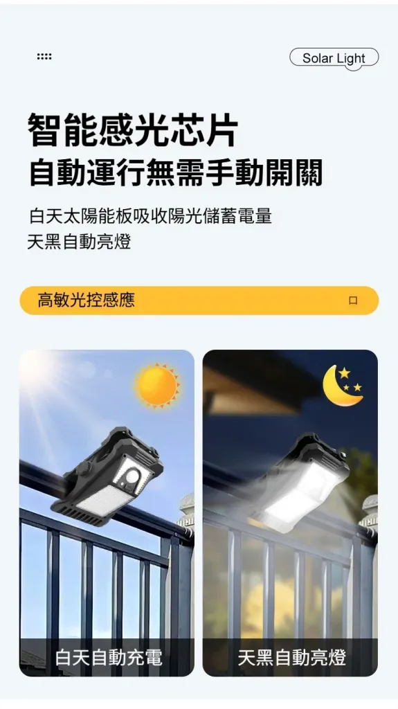隨處可夾，即夾即用！多晶硅太陽能板，全年0電費，無需差點！智能感光芯片，自動運行，無需手動開關！ - 6