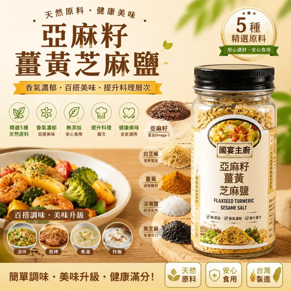 【亞麻籽薑黃芝麻鹽】一罐三味，無負擔的調味革命 🌾✨🔸 拌菜直接撒｜生菜沙拉、燙青菜，拌一拌取代鹽巴 🔸 堅果香氣入菜｜拌麵、拌飯、撒在水波蛋上面，瞬間升級 🔸 醃肉神器｜取代鹽巴醃雞胸肉、魚肉，多一股堅果香 🔸 沾料基底｜加點橄欖油變烤肉沾醬